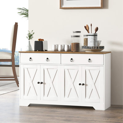 Buffet avec rangement, armoire de rangement pour cuisine 48 po avec 2 tiroirs et 4 portes de grange, armoire à café avec tablettes réglables, bois