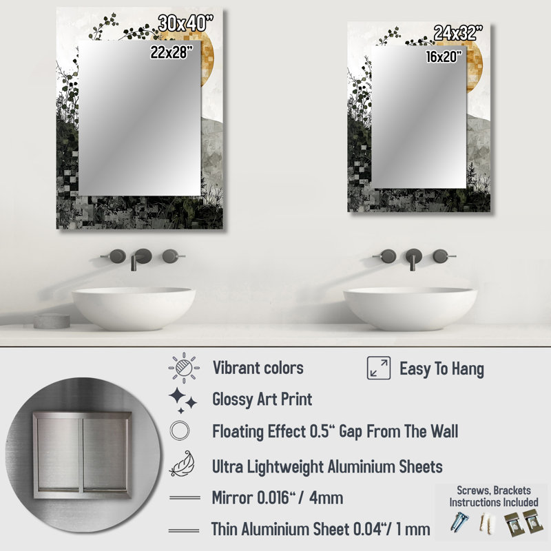 Summer Mosaic Flower On Grey Desert Blossom I - Wreath Mirror, Traditional Decorative Wall Mirror, Printed Metal Art