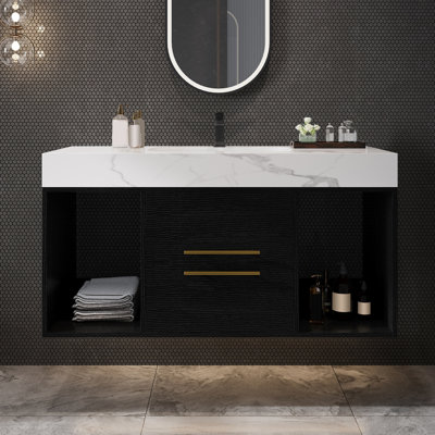 Meuble-lavabo de salle de bain avec lavabo en céramique, conception flottante, armoire de rangement murale avec tiroirs et espaces, style moderne avec poignées en métal