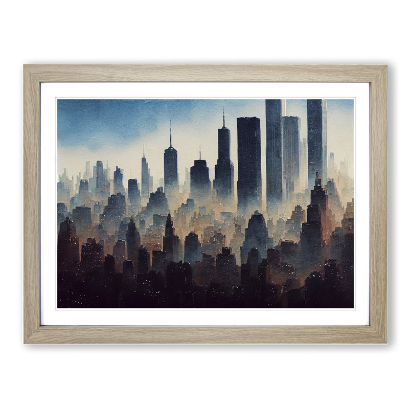 Watercolour New York Skyline Vol.2 - Single Picture Frame Painting, 46cm H x 64cm W x 2cm D, Oak