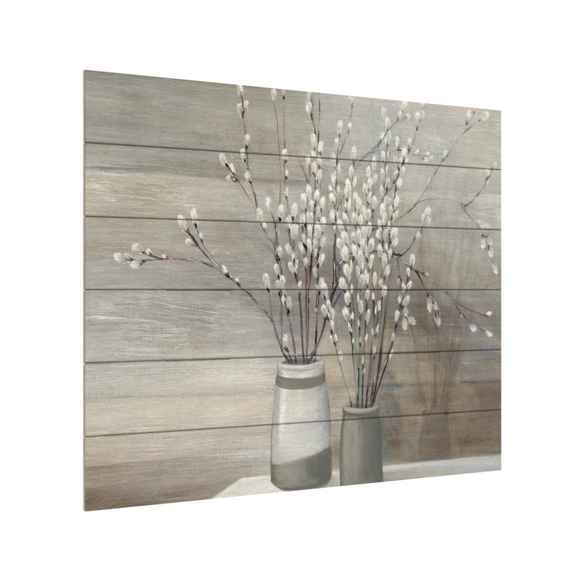 « Pussy Willow Still Life Gray Pots » par Julia Purinton, reproduction imprimée sur toile tendue, Latte en bois