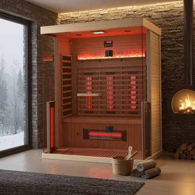 Far Infrared Sauna for 2-3 People – Indoor Home Spa with Himalayan Salt Brick, Rapid Heating, Panoramic Tempered Glass, and Oxygen Bar (220V)