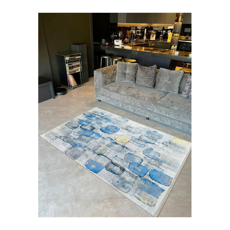 Tapis bleu lavable à la machine à motif abstrait à motif abstrait bleu Barcelona, Tapis de couloir 4 pi 11 po x 9 pi 10 po