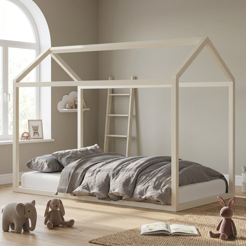 Rosa Solid Wood Kids Canopy Bed Frame, Antique White, Twin