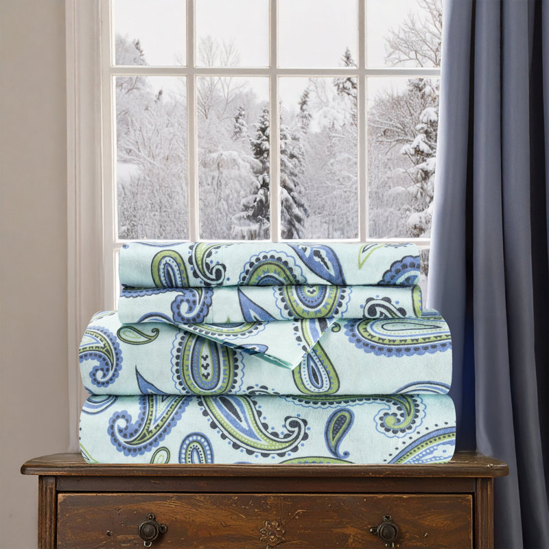 Ensemble de draps 100% flanelle de coton Blue Nile Mills, Ensemble de draps pour très grand lit avec 2 taie, Bleu clair