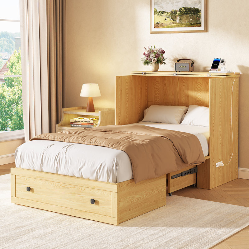 Lit escamotable avec rangement Farmhouse, armoire escamotable avec station de charge intégrée pour chambre à coucher, chambre d'amis