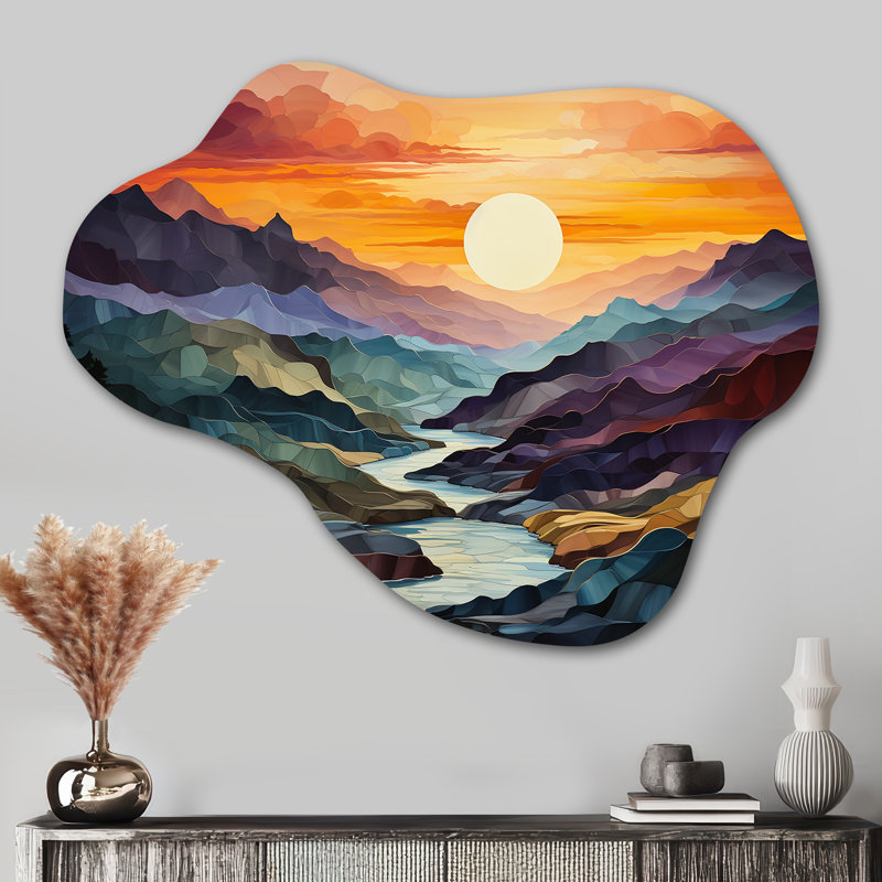«Orange Teal Mountains Bold Landscape - Mountains Cloud», reproduction d'art asymétrique orange en métal