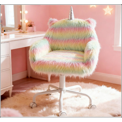 Chaise de bureau Rainbow Fuzzy Unicorn, chaise de bureau moelleuse avec base pivotante, fantaisiste et confortable pour salle de jeux et bureau