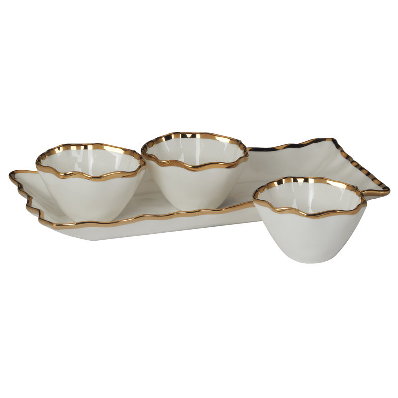 Regency Gold Ceramic Tray with Condiment Bowls, 4-Piece Set