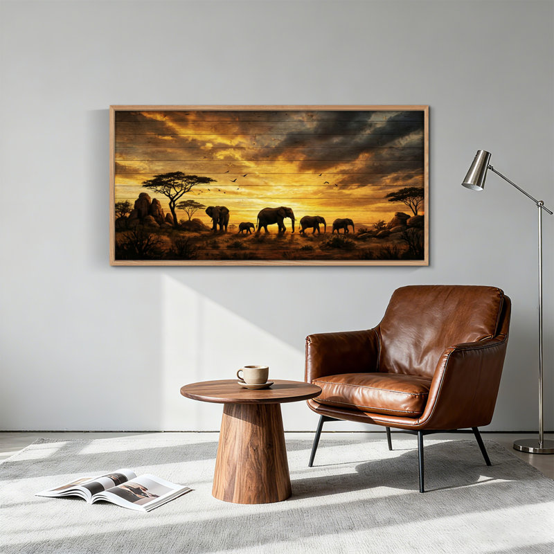 Tableau encadré « Coucher de soleil sur un éléphant » (1 pièce), 122 x 61 cm, 48 x 24 pouces