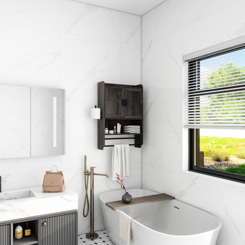 Armoire au-dessus de la toilette grise, avec tablettes réglables et espace de rangement organisé, Gris