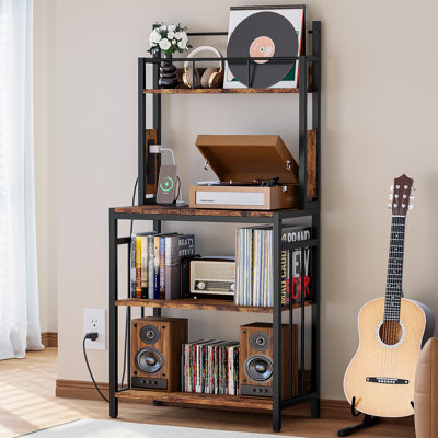 Retro Vinyl Record Storage Stand With Charging Station, Holds 300+ Albums