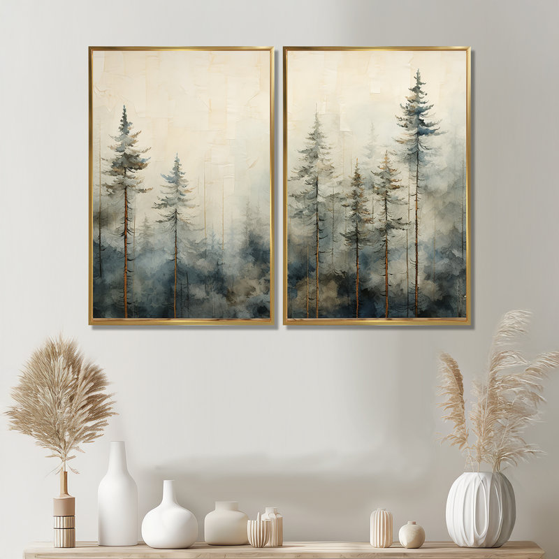 Minimalisme, forêt de pins d'hiver - grande forêt, art mural 2 panneaux, H 36 po x l 48 po, Impression encadrée flottante