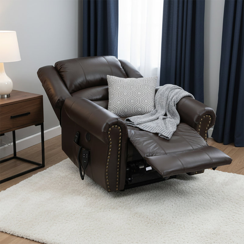 Fauteuil inclinable rembourré en cuir Vintage Power avec base relevable et fonction de massage chauffant, Cuir véritable brun