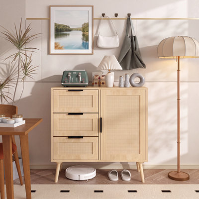 Buffet en rotin massif avec 3 tiroirs et une porte en rotin, meuble d'appoint avec pieds en bois massif pour salon, entrée ou cuisine.