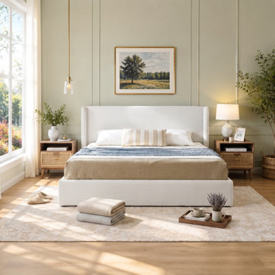 King Corduroy Hydraulic Lift Up Storage Bed Frame with Upholstered Wingback, No Box Spring Needed, Cream