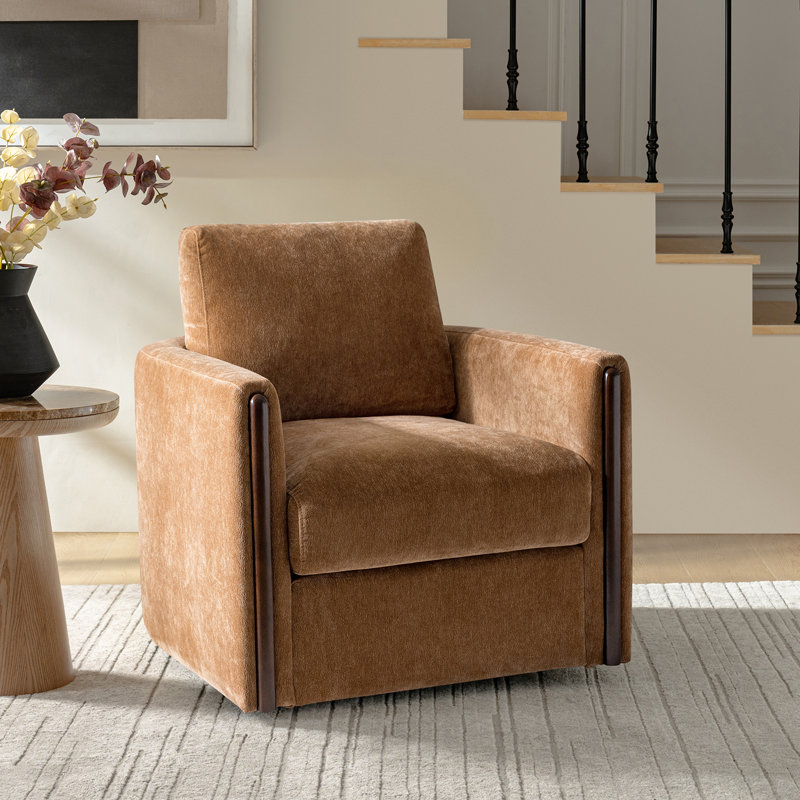 Nicha 31.25W" Modern Down-filled Solid Wood Swivel Barrel Chair, Caramel
