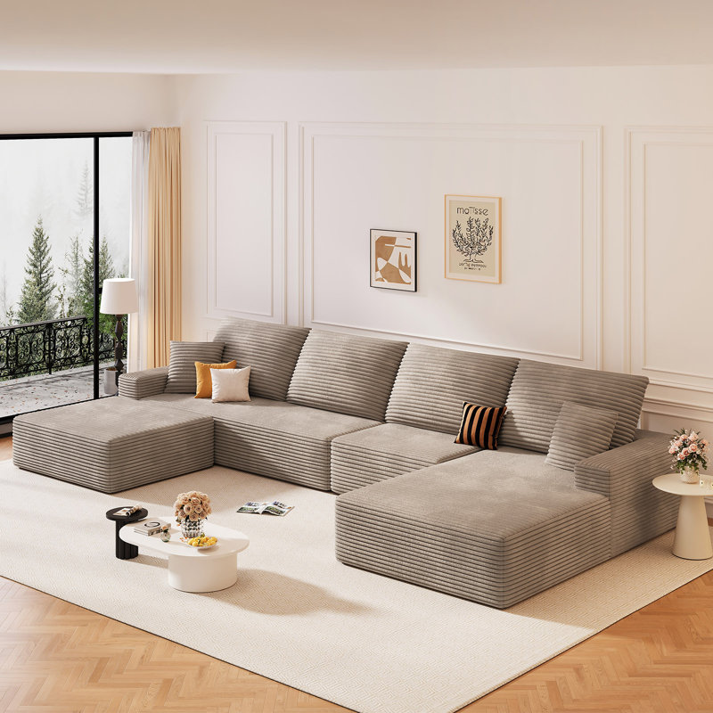 Canapé 135 po en forme de U avec repose-pieds, repose-pieds convertible, canapé-lit modulaire en velours côtelé pour salon, canapés en mousse à siège profond sans assemblage, méridienne orientée vers la gauche / la droite