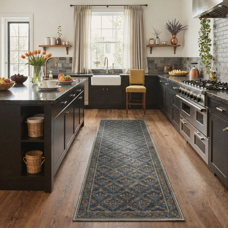 Floral Vines Machine Washable Slate Navy Indoor Area Rug With Non-Slip Backing, Runner 2'3" x 6'