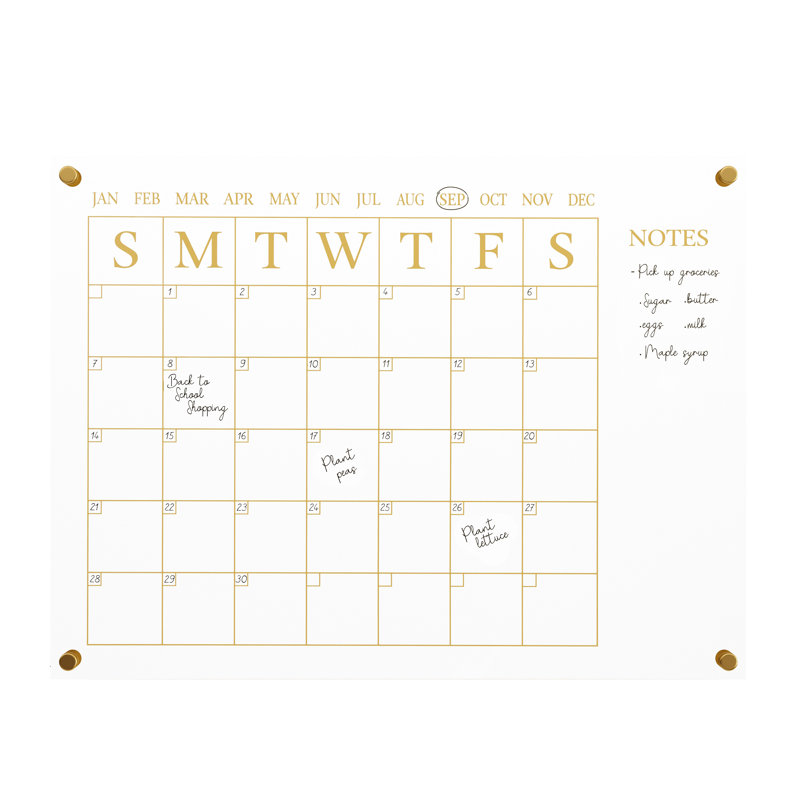 Clear Gold Acrylic Monthly Wall Calendar with Notes