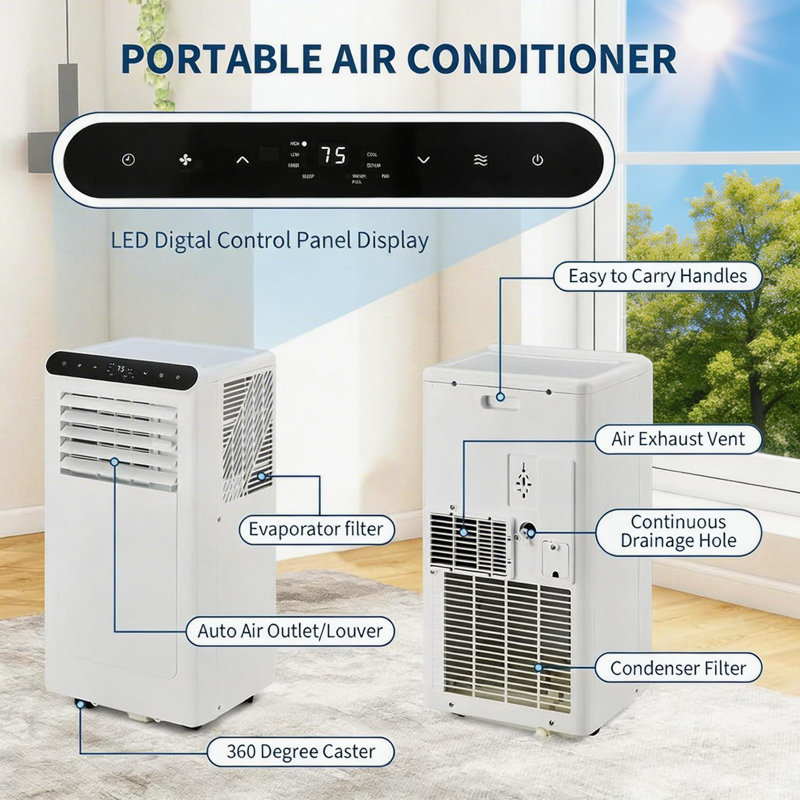 Climatiseur portatif 10 000 BTU, jusqu'à 450 pieds carrés, Blanc/Noir