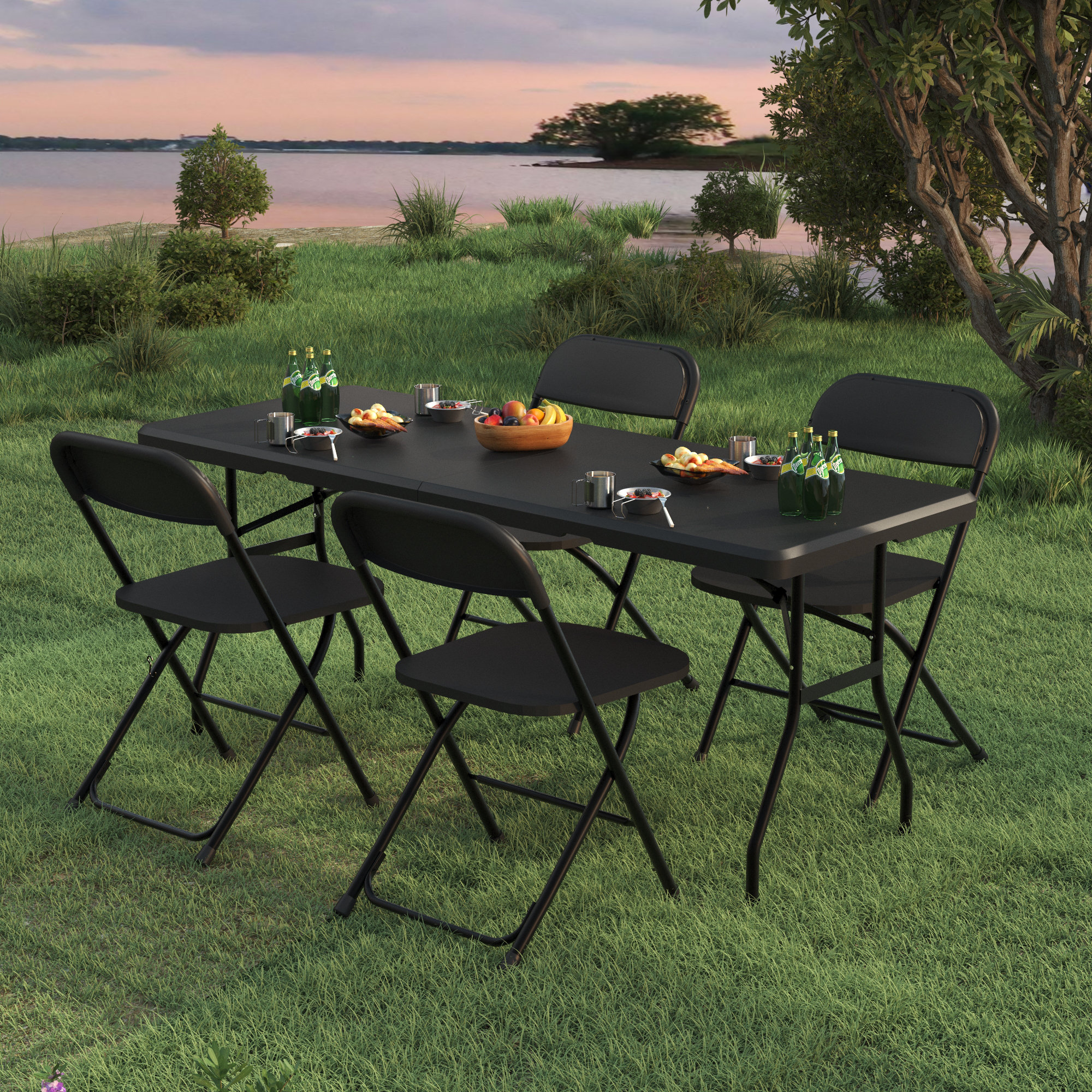 Folding Table Set 6ft Plastic Portable Foldable Table with 4 Folding Chairs for Parties Wedding BBQ Camping Outdoor Indoor Derzers Color: Black, image size:2000x2000
