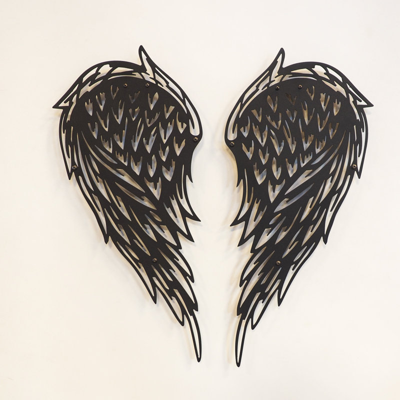 Ensemble de 2 décorations murales en métal avec ailes d'ange, H 28 po x l 13 po x P 1 po, Noir