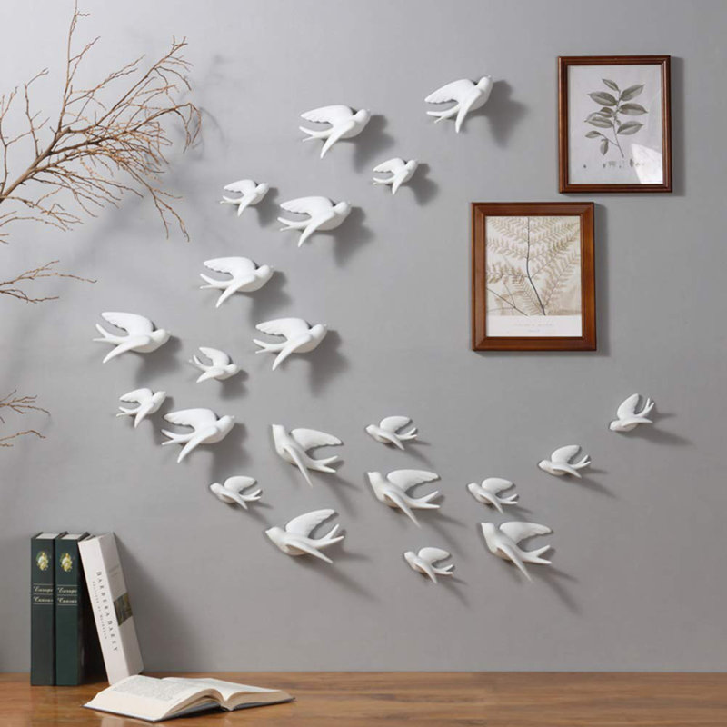 Set Of 6 White Ceramic Birds Doves Sparrows Swallows Wall Mounted Decor Hanging