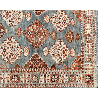 Turquoise & Ivory Hand-Knotted Wool Area Rug 6' x 9' ft– Handmade Traditional Geometric Medallion Design