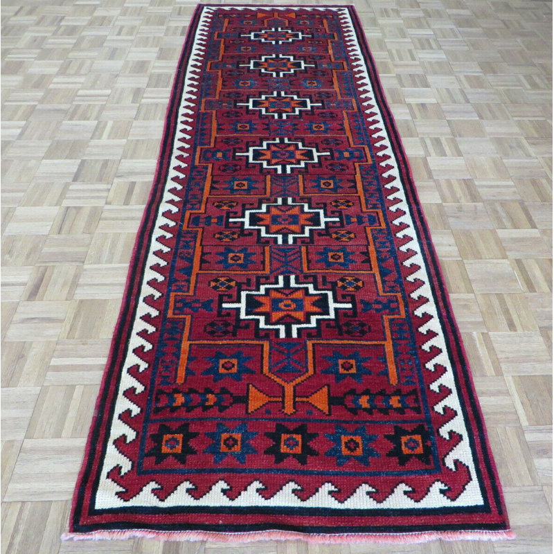 Tapis de couloir rouge en laine noué à la main de conception unique 3 pi 2 po x 10 pi 5 po Bechtold
