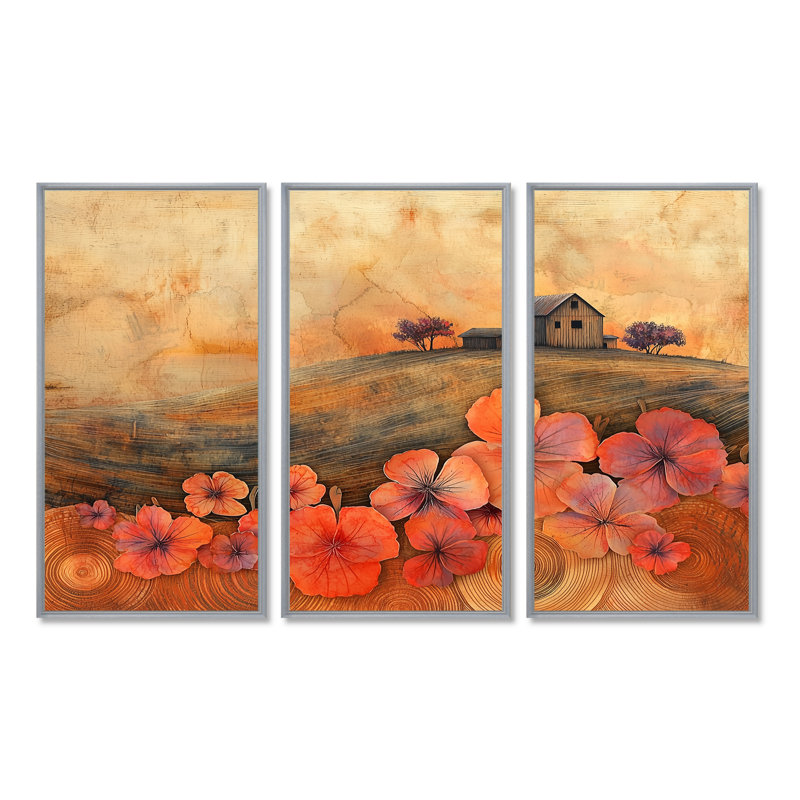 «Geraniums Flowers At Barn Landscape II» - ensemble de 3 géraniums, H 32 po x l 48 po, Impression encadrée sans passe-partout