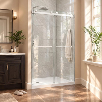 43-48" W x 76" H Double Bypass Sliding Frameless Glass Shower Door, 5/16''(8mm) Tempered Glass with Explosion-Proof