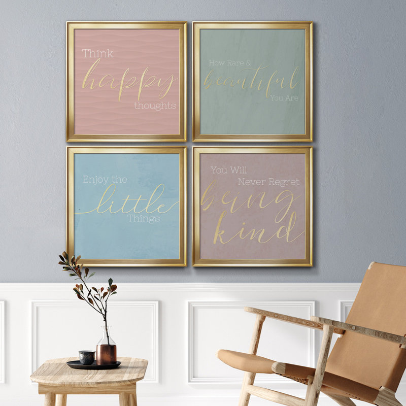 Pensées heureuses - ensemble de 4 pièces d'art textuel sur toile, H 26,5 po x l 106 po x P 1,5 po, Encadrement doré