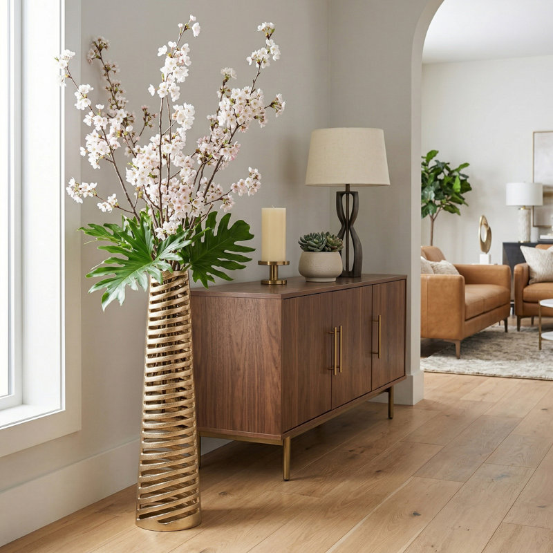 Contemporary Textured Cylinder Metal Tall Floor Vase for Home Tabletop Display - Tall table Vase for Entryway & Living Room Flower Arrangement - Gold