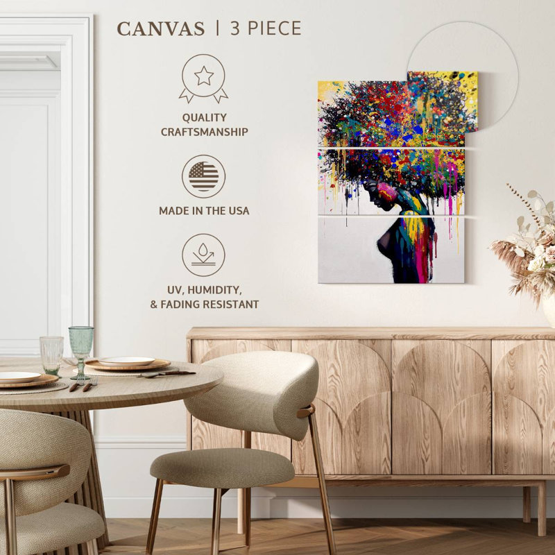 "Portrait féminin" Afro Color Splash sur toile 3 pièces par Harper D., H 20 po x l 32 po x P 1,25 po