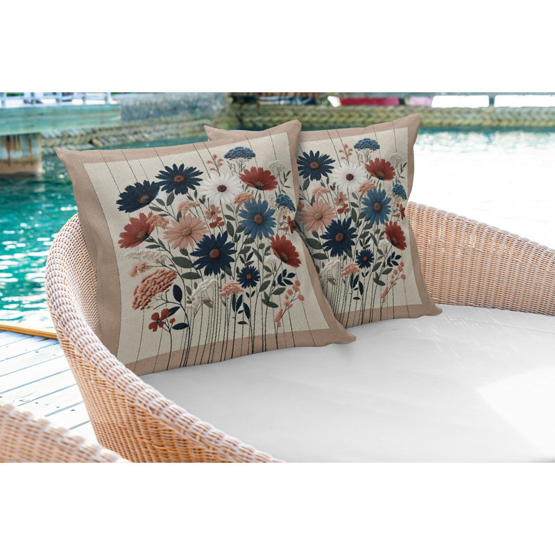 Warm Taupe Dark Blue Ruby Floral Polyester Square Pillow Covers