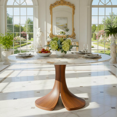 Aurora Farmhouse Round Sintered Stone Dining Table - Sculptural Solid Hardwood Pedestal For 4-10