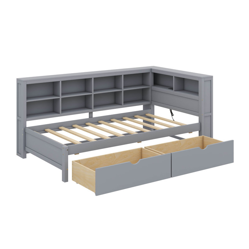 Twin-Size Wooden Daybed With Two Drawers, A Storage Shelf, And USB Charging Outlets, Gray