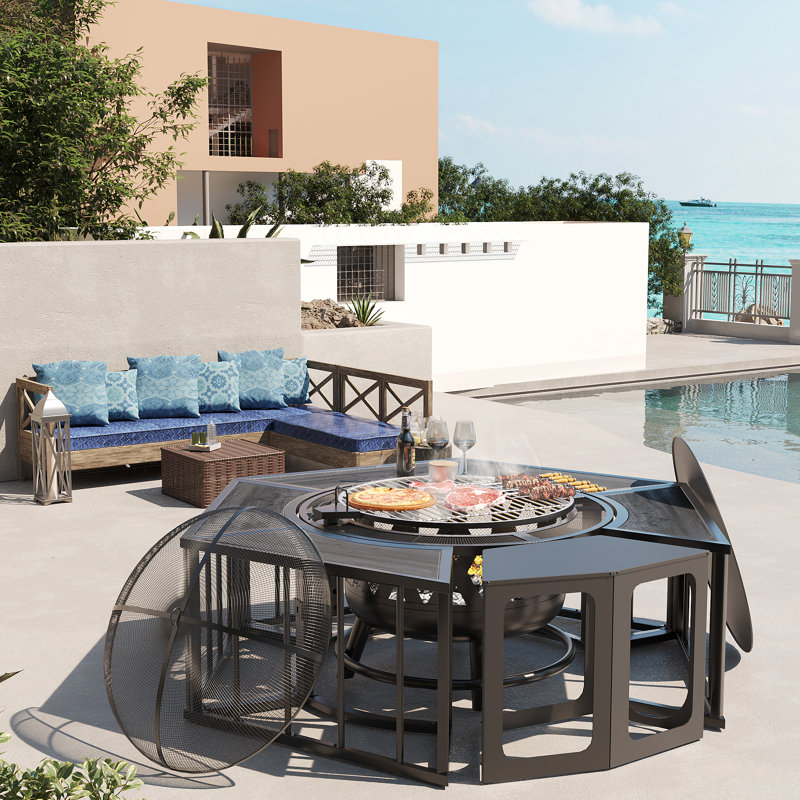 Safila Hexagon Steel Fire Pit Table with Lid, Gray