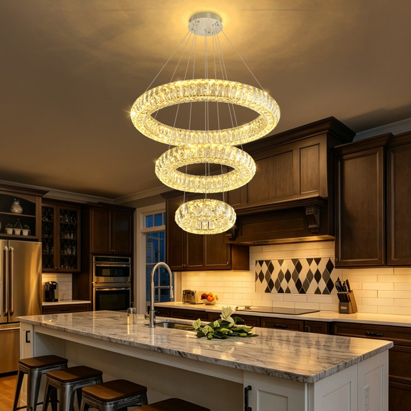 Luminaires modernes en cristal avec anneaux, 3 anneaux 24 po, Argent