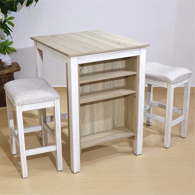 3 pièces pour le comptoir et la salle à manger convenant aux petits espaces Design rétro moderne en bois massif + fabrication rustique blanc - fini délavé avec rangement intégré, tabourets confortables et solution compacte en chêne américain