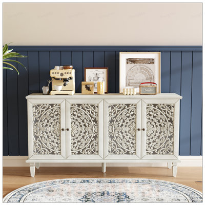 Elegant Buffet Cabinet with Floral Carvings, Solid Wood Legs, Brass Handles, Adjustable Shelves, and TV Stand for 65in+ TVs, Perfect for Living and Dining Rooms