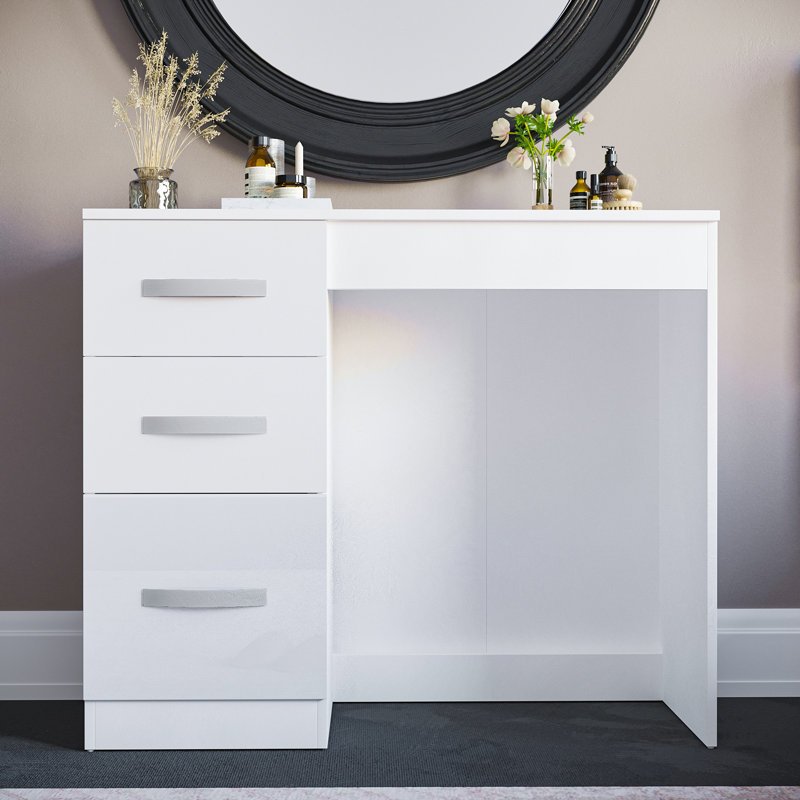 Arkadij 3 Drawer High Gloss Dressing Table, Bedroom Vanity Desk, White