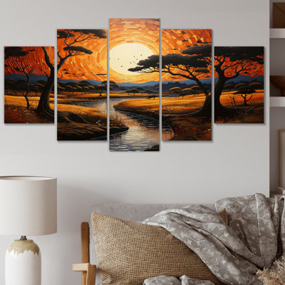 Coucher de soleil africain tribal VI - reproduction d'art mural tribal africain - 5 panneaux