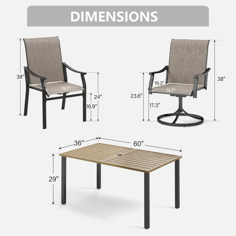 7Pcs Rectangle Powder-Coated Outdoor Patio Dining Set Wood-Like Metal Table With Swivel Sling Chairs
