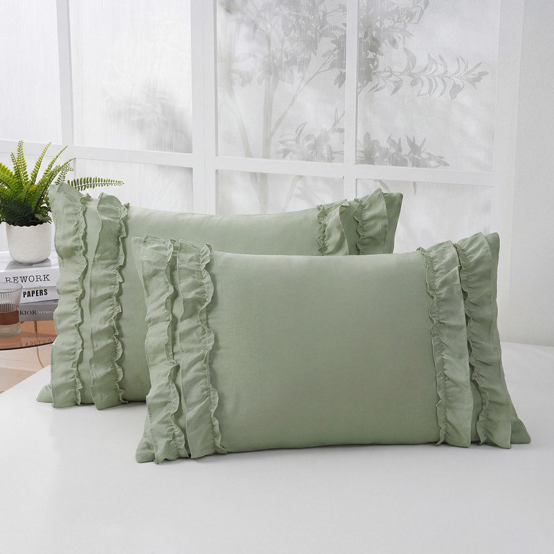 Ensemble de 2 taies d'oreiller standard de couleur vert sauge, ensemble de 2 taies d'oreiller standard de 2,20 po x 30 po, ensemble de 2 taies d'oreiller à volants vintage de style champêtre français, microfibre délavée