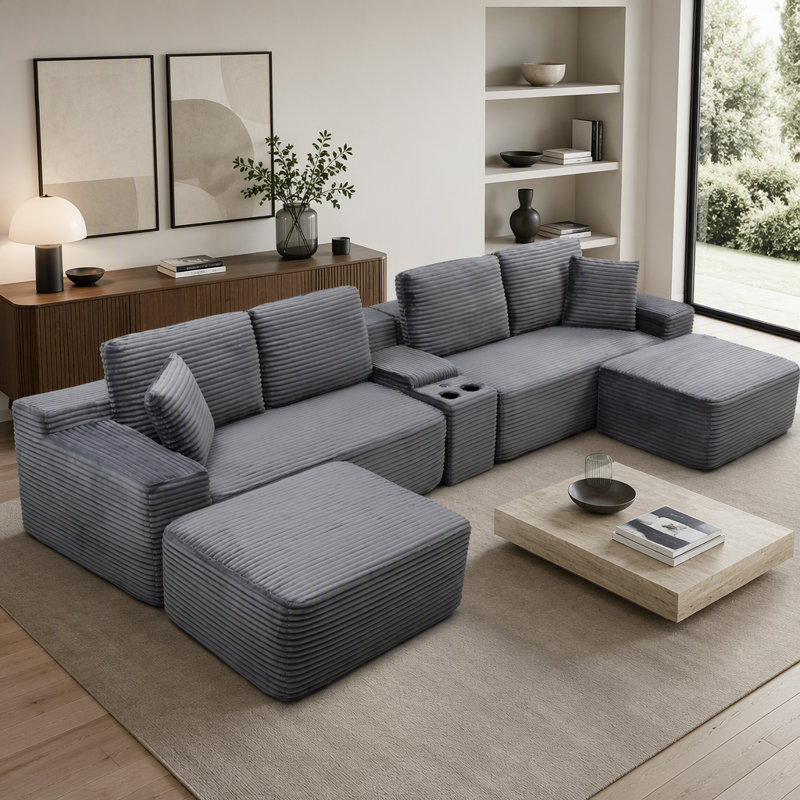 Canapé d'angle 125'' avec deux poufs, canapé infonuagique avec assise profonde, canapé en forme de U avec porte-gobelets et ports USB, canapés en velours côtelé pour salon, gris