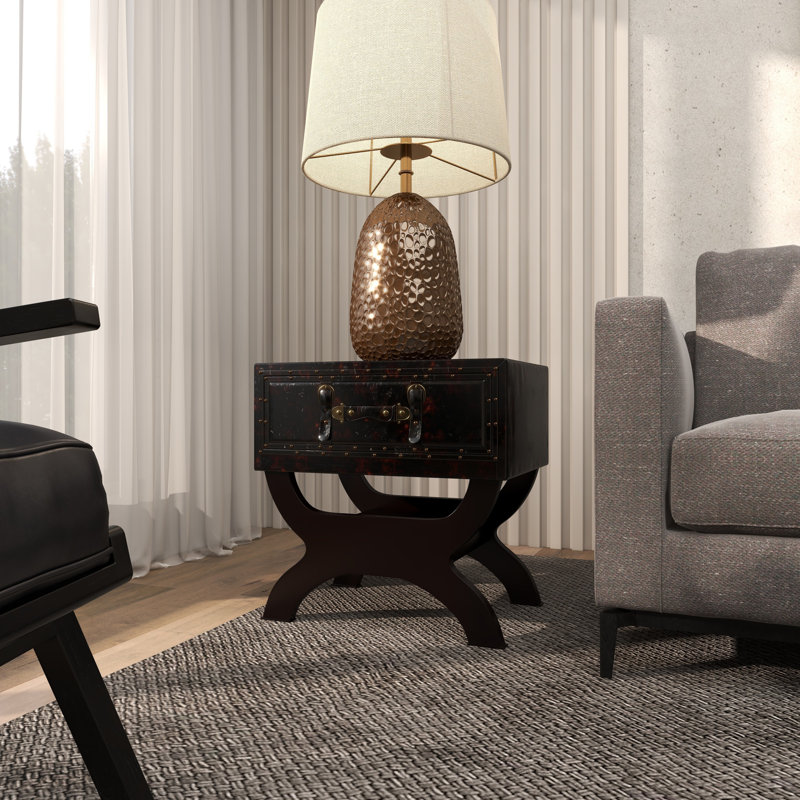 Vintage Black Faux Leather End Table with Single Drawer