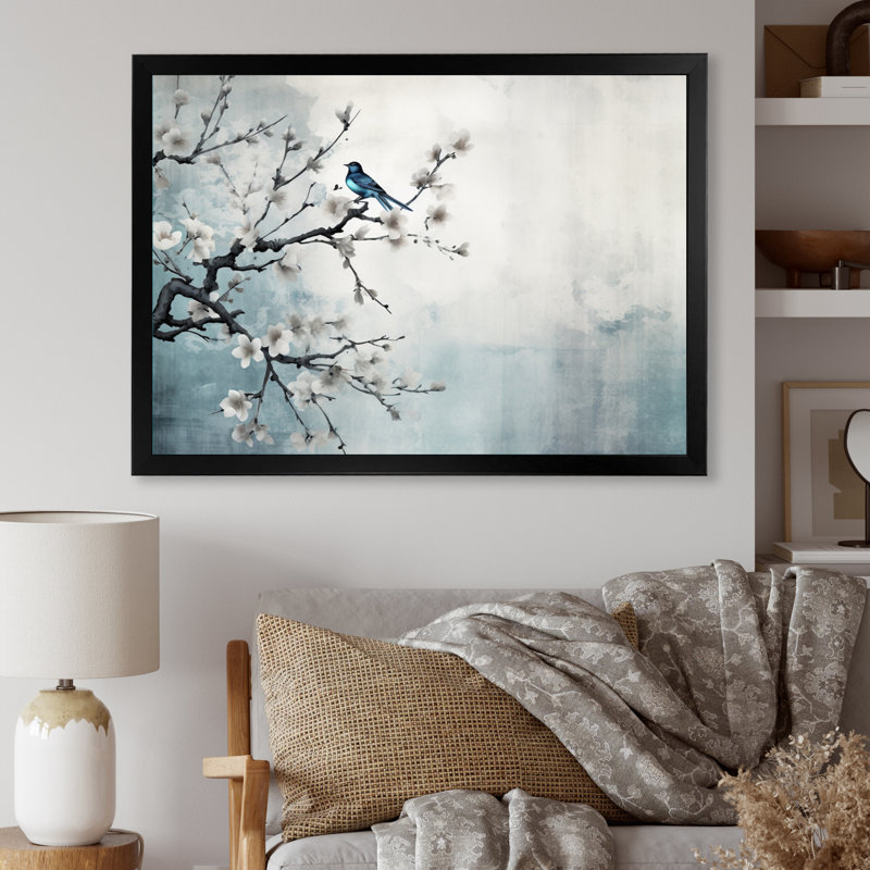 Art asiatique, Sumi oiseau sérénité, art asiatique, H 12 po x l 20 po x P 1 po, Cadre simple noir