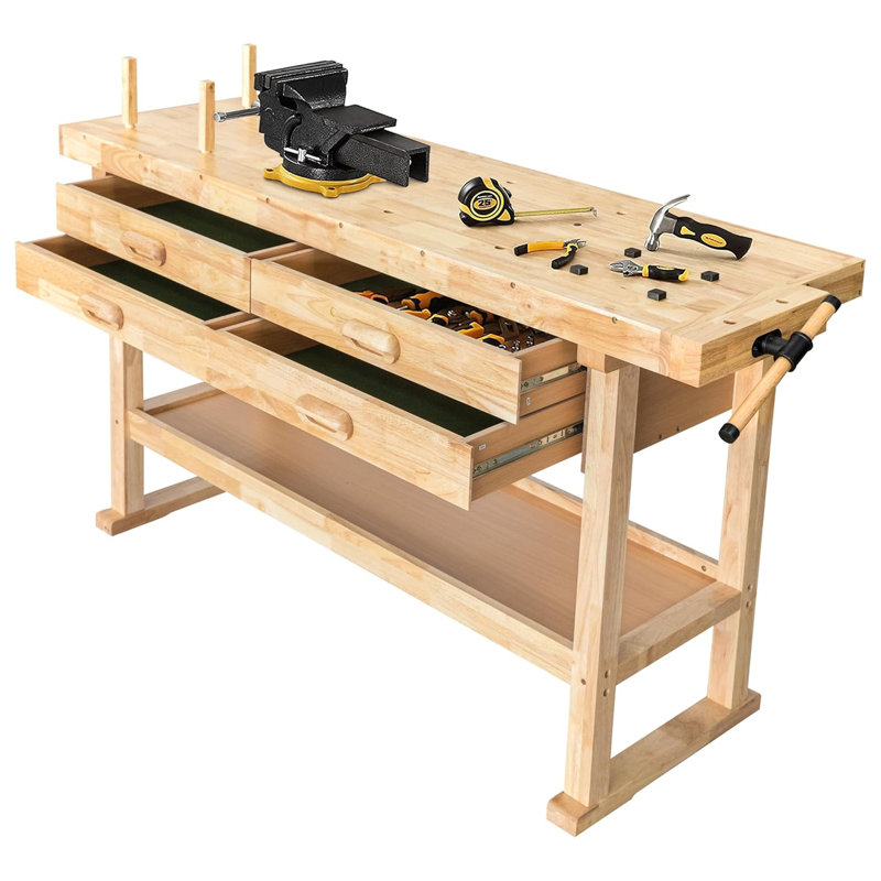  60" Rubber Hardwood Workbench, 4 Drawers, 450 lbs Weight Capacity